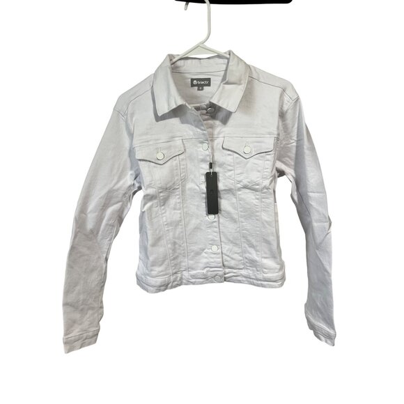 Tractr Womens White Denim Jacket With Button Front & Chest Pockets - Picture 1 of 7